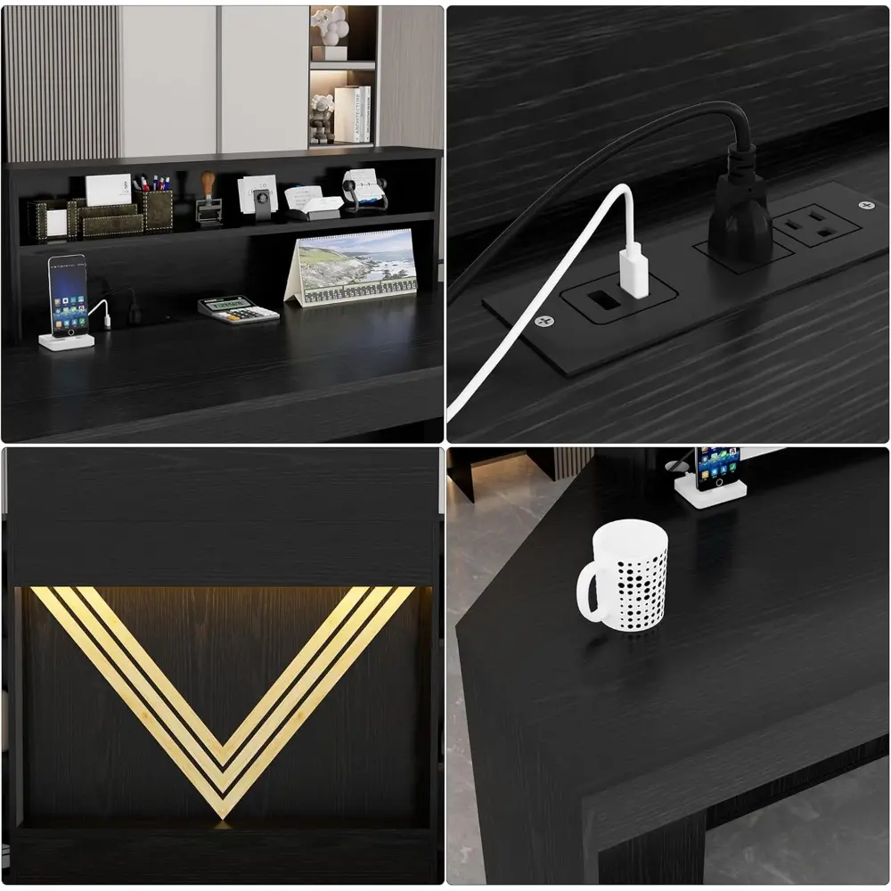 39.3" H Modern Reception Desk with LED Lighting, Office Counter with Display Cabinet, Secretary Desk with Power Outlets – Front