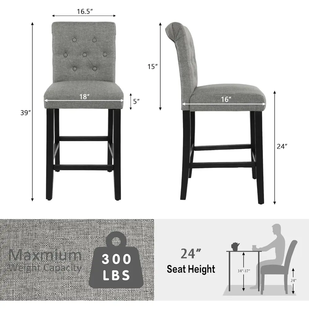 Set of 4 Upholstered Fabric Back Counter Height Bar Stools for Kitchen Island