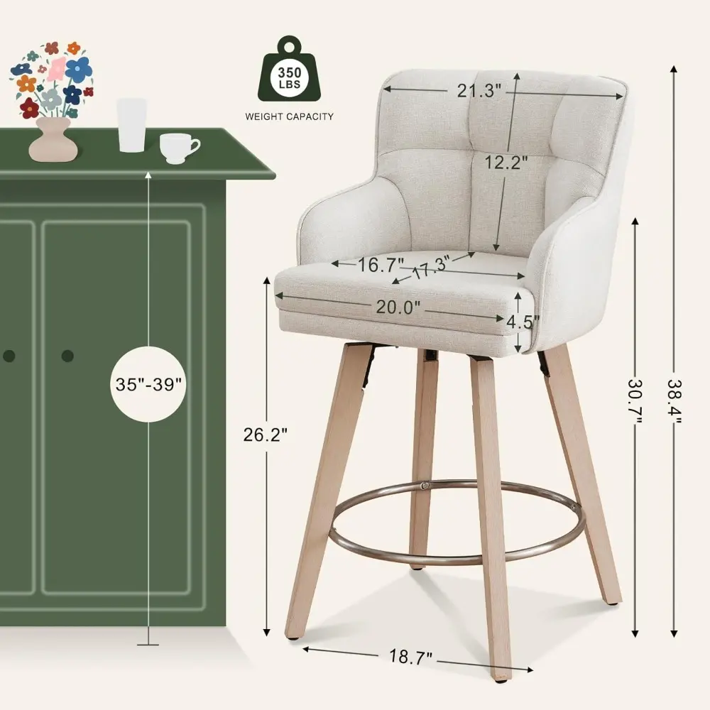 Modern Fabric Bar Stools with Backrest, 26" High Wooden Legs, Swivel Counter Height Chairs for Kitchen Island, Beige