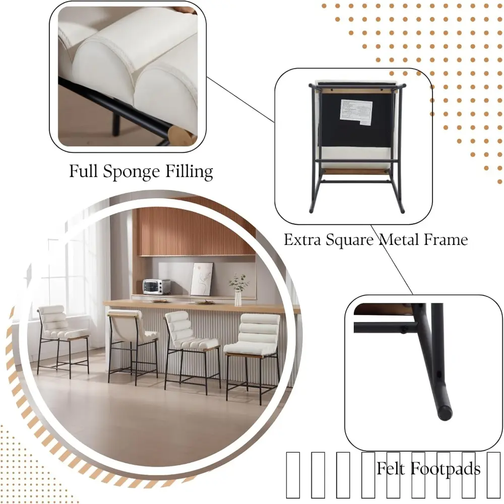 Pair of 25" Contemporary White PU Leather Bar Stools with Black Metal Legs and Upholstered Seats