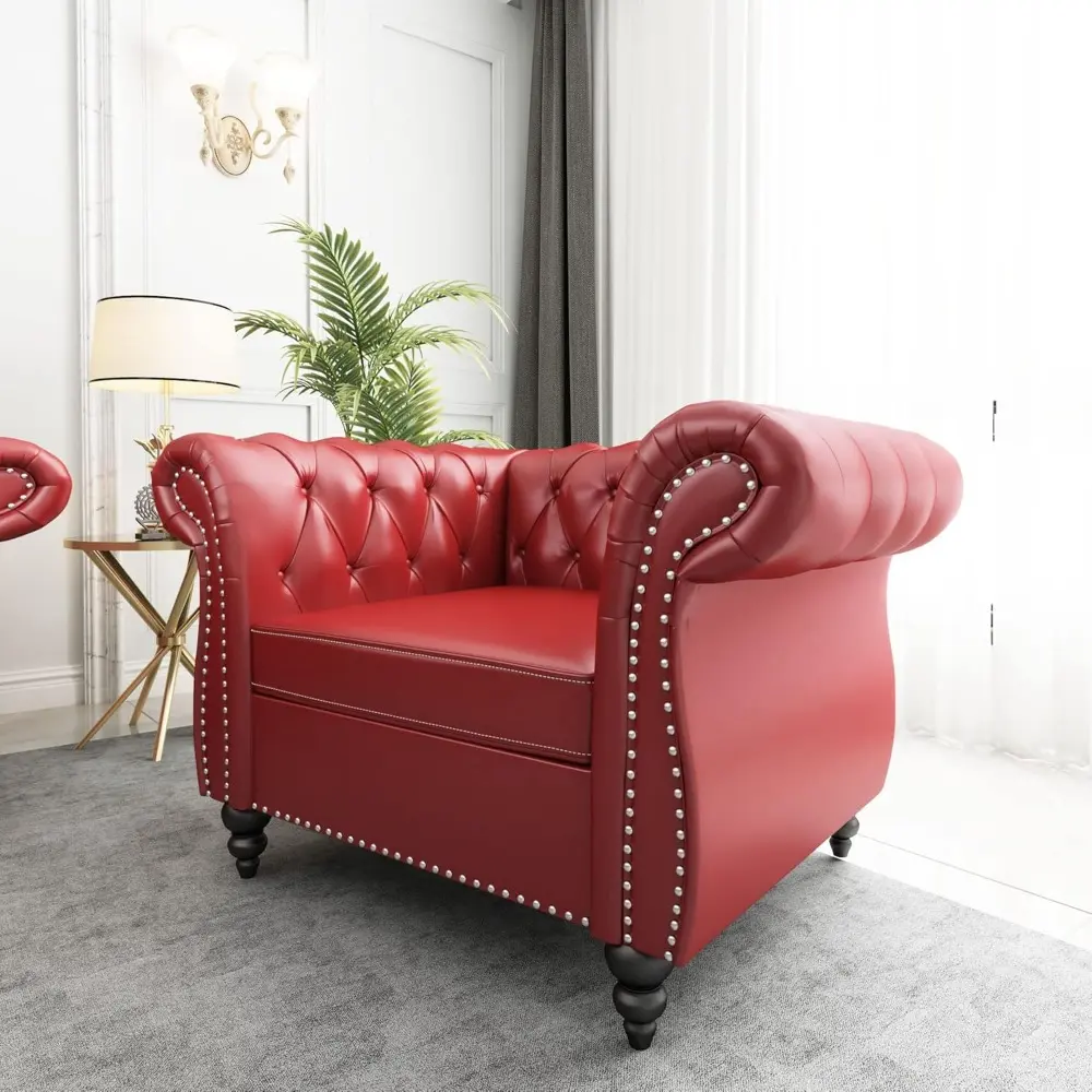 Chesterfield Chair, Modern Leather Tufted Accent Sofa Couch Chair with Rolled Arms and Nailhead for Living Room, Bedroom, Office