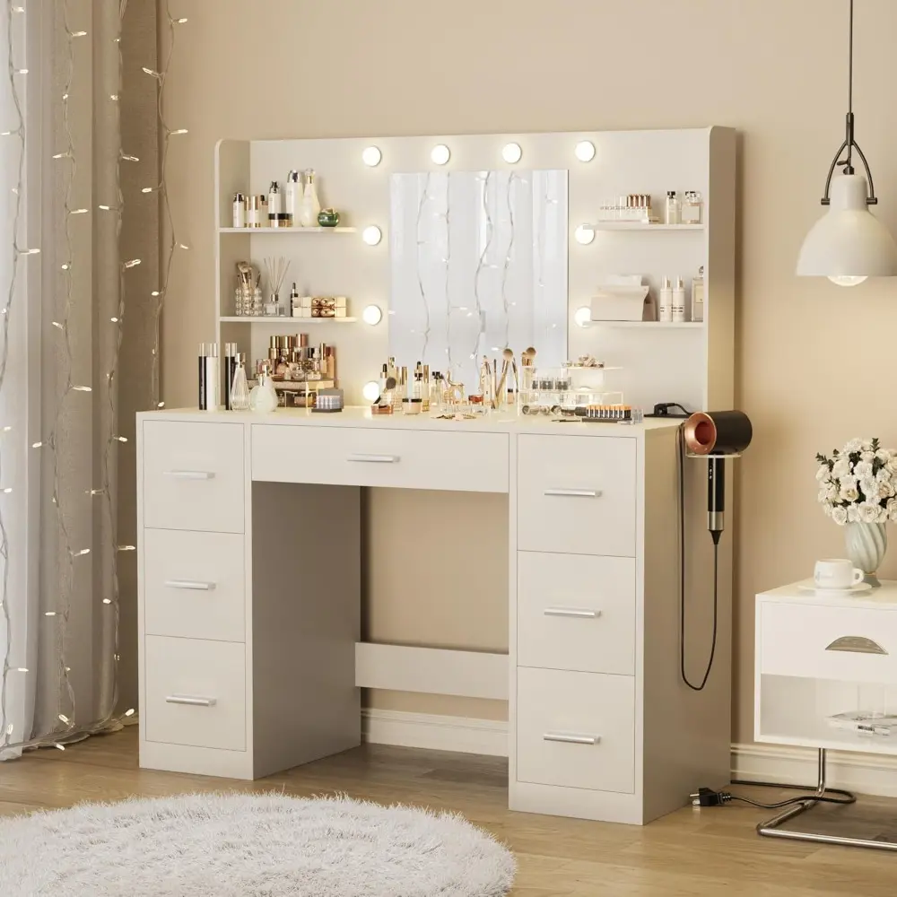Vanity Desk with Mirror, LED Lights and Power Outlet Makeup Vanity Table with 7 Drawers and 6 Storage Shelves Dressing Table fo