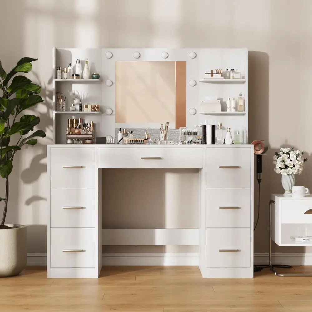 Vanity Desk with Mirror, LED Lights and Power Outlet Makeup Vanity Table with 7 Drawers and 6 Storage Shelves Dressing Table fo