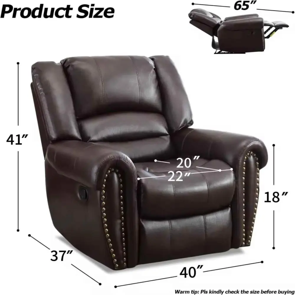 Leather Recliner Chair, Heavy Duty Manual Reclining Sofa Single Lounge Sofa for Living Room, Home Theater Seating, Brown