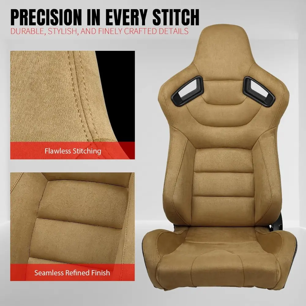 , Universal Racing Seats with Dual Sliders, Brown Suede & Carbon Leather W/Black Harness Pass-through Reclinable Sport Bucket Se