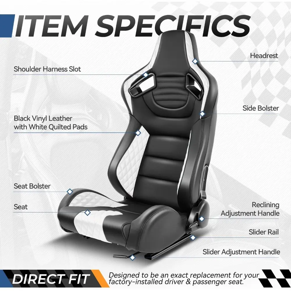 Pair of Racing Seats Universal Vinyl Leather Reclinable Bucket Seats with Bottom Mount Sliders, 38 (H) x 21 (W) x 22 (D) Inches