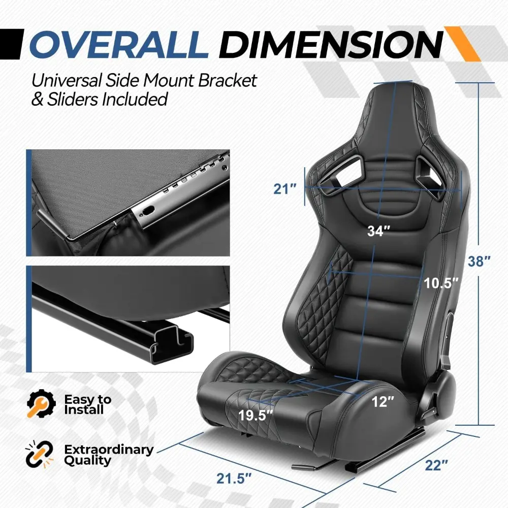 Pair of Racing Seats Universal Vinyl Leather Reclinable Bucket Seats with Bottom Mount Sliders, 38 (H) x 21 (W) x 22 (D) Inches