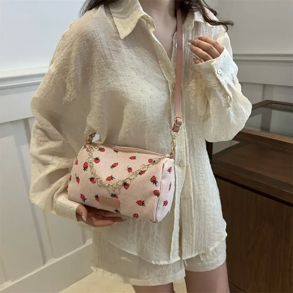 Cute Strawberry Print Mini Underarm Bag Small Fresh Corduroy Women Tote Handbag Casual Versatile Commuter Travel Shoulder Bag