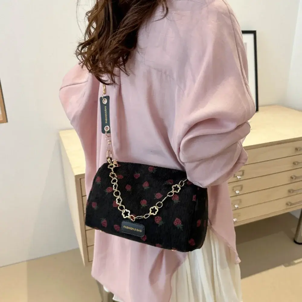 Cute Strawberry Print Mini Underarm Bag Small Fresh Corduroy Women Tote Handbag Casual Versatile Commuter Travel Shoulder Bag