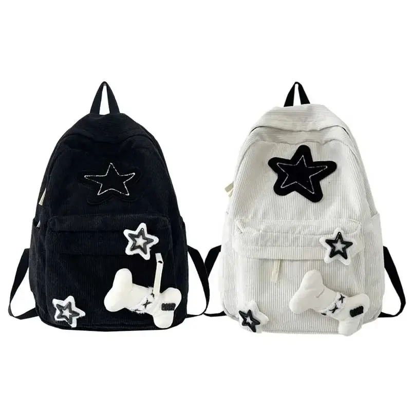 Y2K Girls Star Pattern Laptop Backpack Teen Student Large Capacity School Bookbag Corduroy Rucksack Double Strap Shoulder Bag