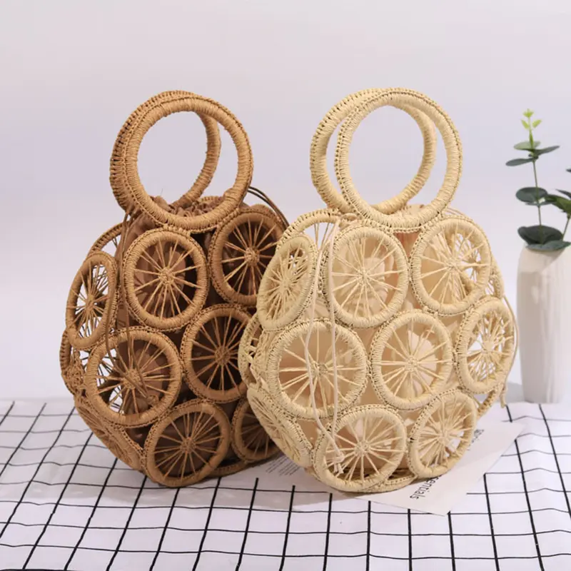 Fashion Rattan Hollow Round Straw Bags Wicker Woven Women Handbags Summer Beach Shoulder Bags Casual Lady Bali Travel Purses