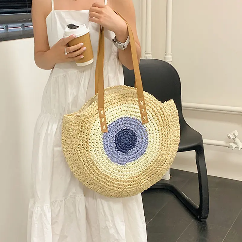 Summer Round Straw Rattan Shoulder Bag Simple Style Female Hand Bags Color Patchwork Handmade Woven Beach Totes Bag