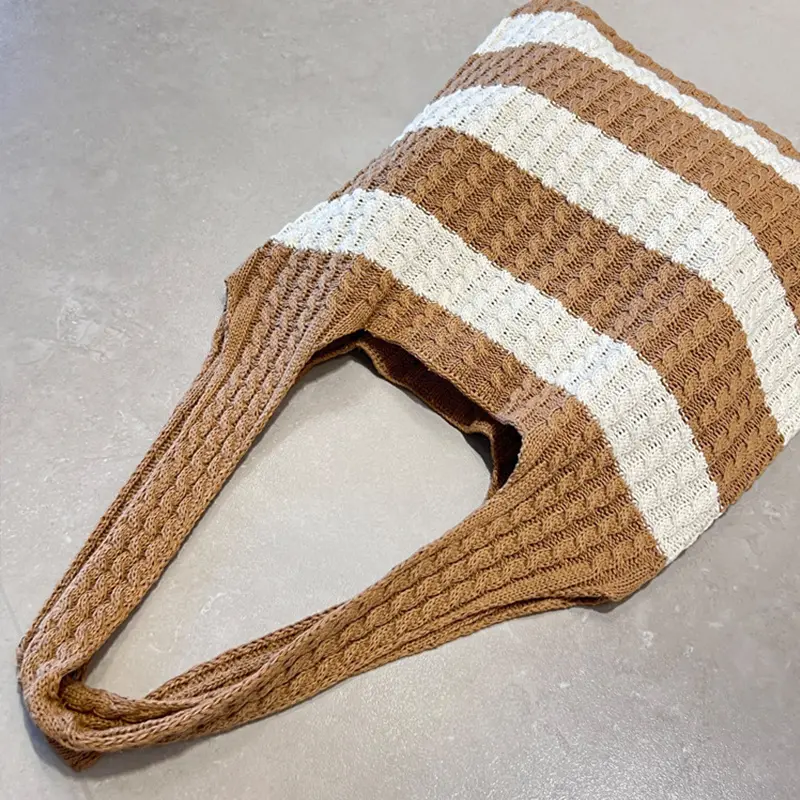 Simple Woven Shoulder Bags Women Large Capacity Summer Casual Handbags Stripe Tote Sling Purses Beach Style