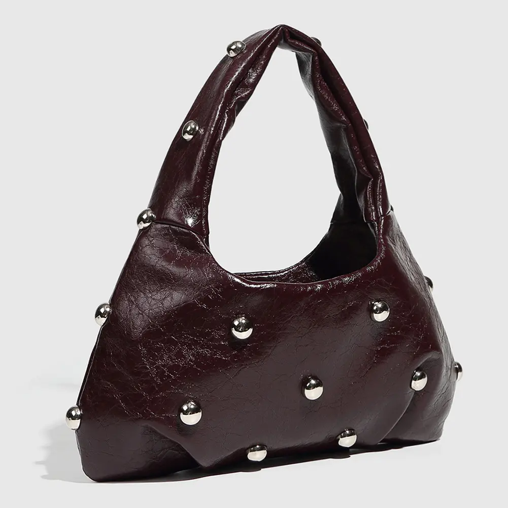 Half Moon Handbag for Women Luxury Studded Beading Tote Purse PU Chic Hobo Bag Cool Style Small Shoulder Bag Hasp Closure Bolsas