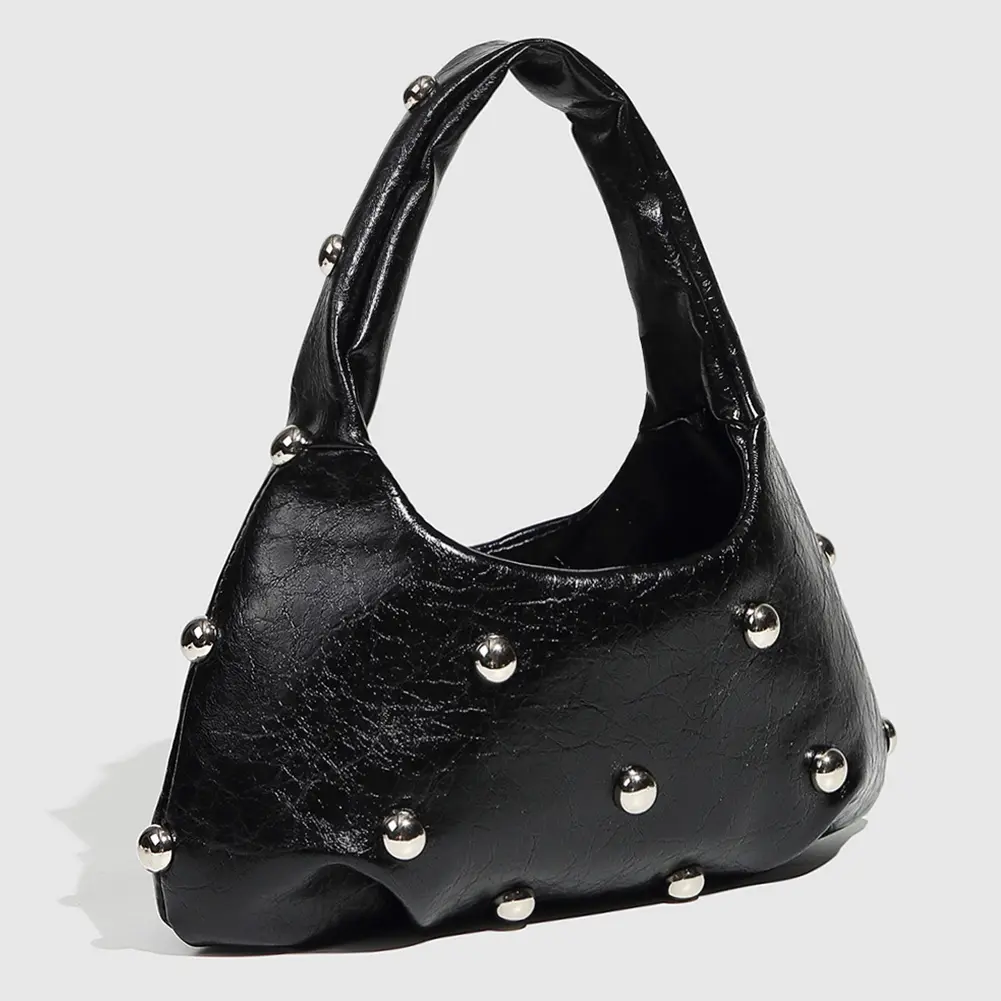 Half Moon Handbag for Women Luxury Studded Beading Tote Purse PU Chic Hobo Bag Cool Style Small Shoulder Bag Hasp Closure Bolsas