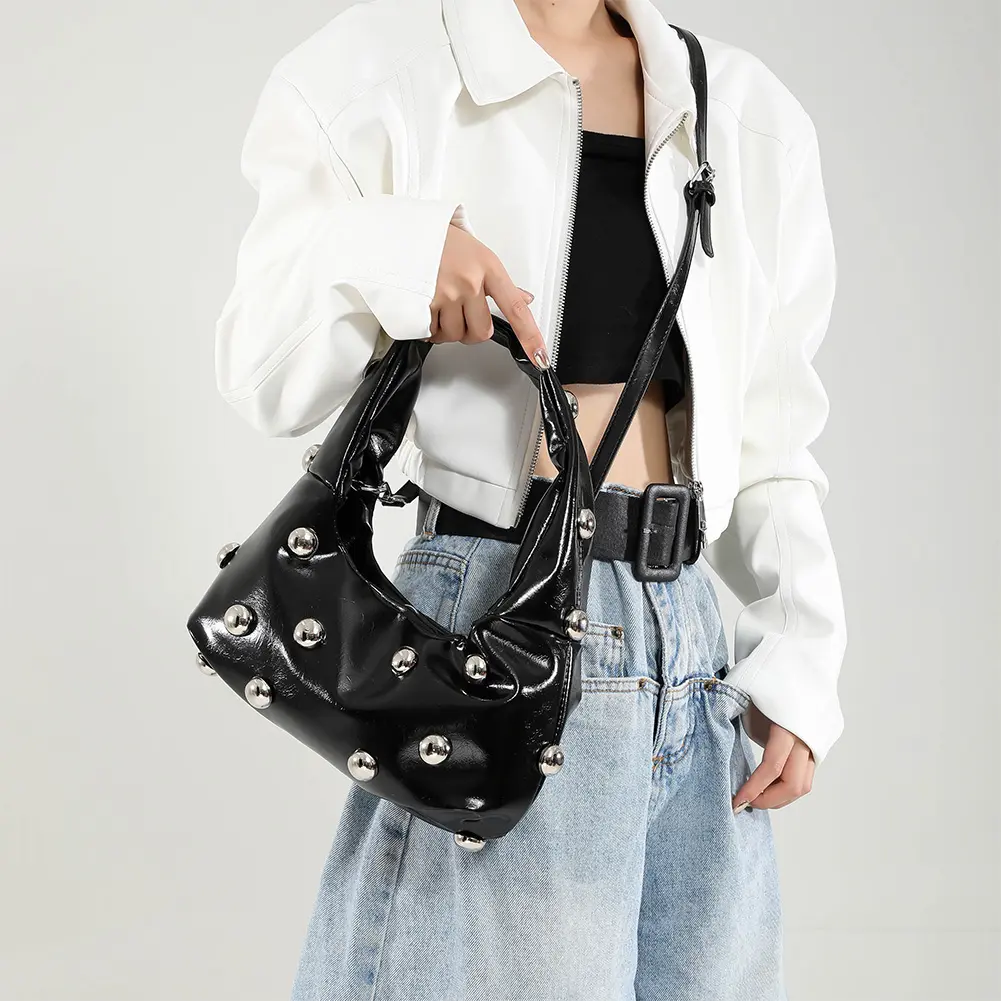 Half Moon Handbag for Women Luxury Studded Beading Tote Purse PU Chic Hobo Bag Cool Style Small Shoulder Bag Hasp Closure Bolsas