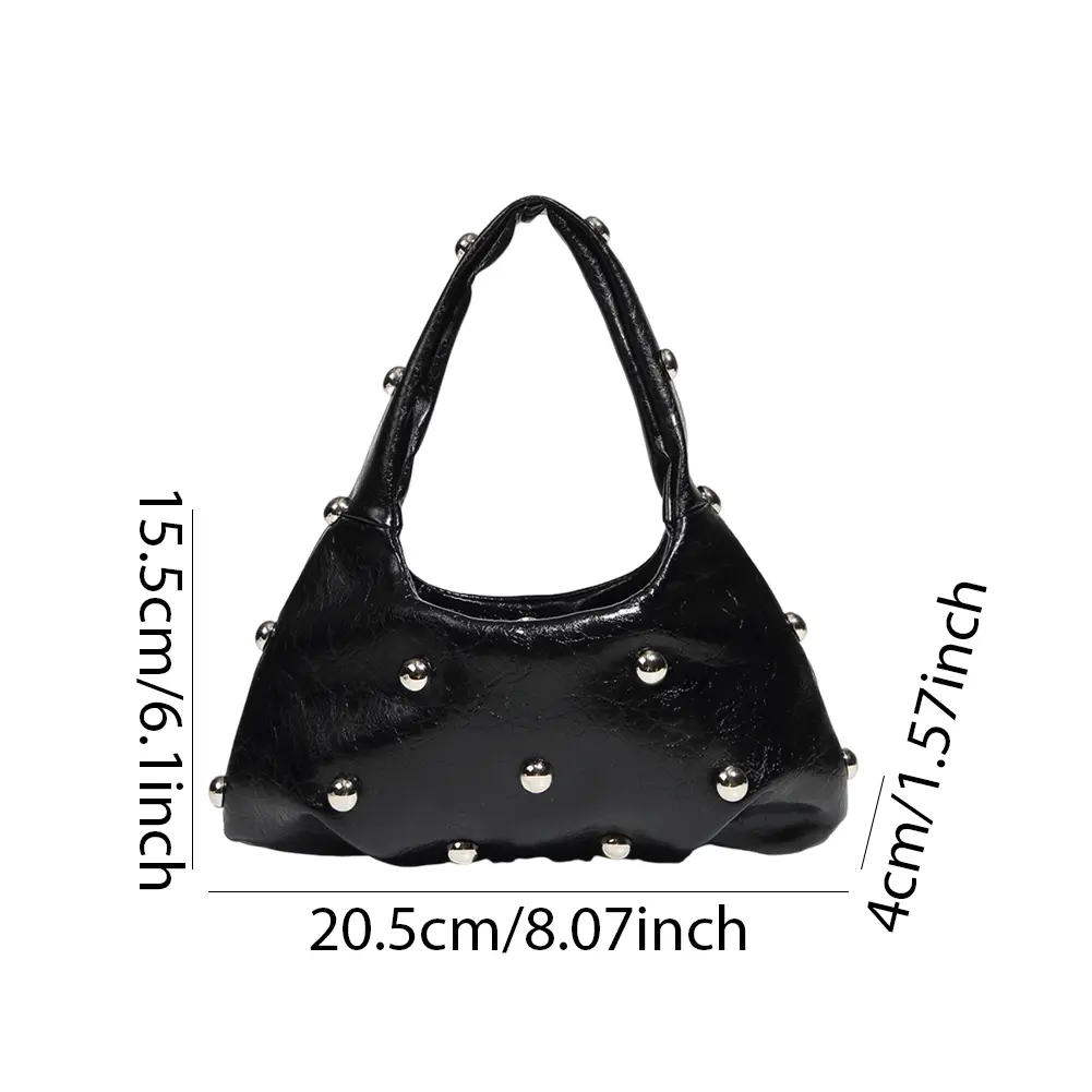 Half Moon Handbag for Women Luxury Studded Beading Tote Purse PU Chic Hobo Bag Cool Style Small Shoulder Bag Hasp Closure Bolsas