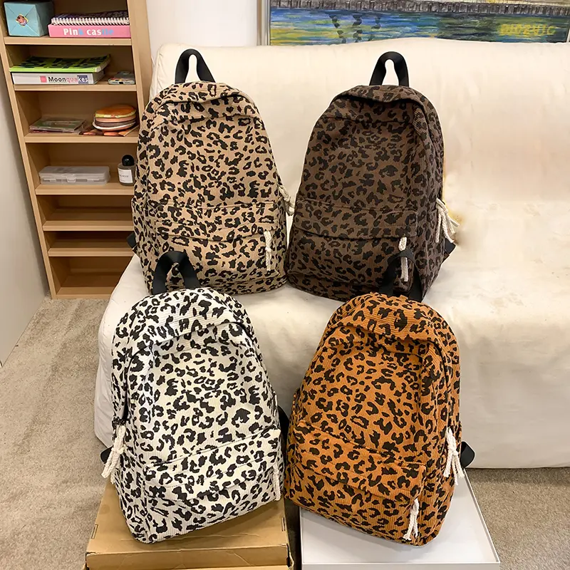Corduroy Leopard Backpack Fashion Students Bookbag Large Capacity Stylish Shoulder Backpack Multi Pockets Outdoor Travel Bag