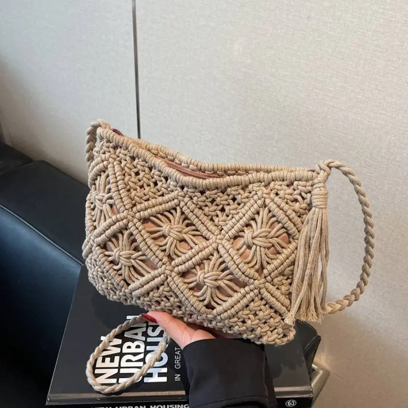 Bohemia Woven Shoulder Bag Women Beach Crochet Crossbody Bags Casual Lightweight Handbags Versatile Zipper Vacation Pocket Pouch
