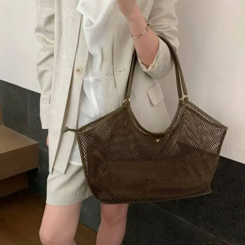 Women Large Capacity Mesh Shoulder Bag Casual Hollow Out Tote Handbag Beach Net Storage Top-Handle Bags Shopping Basket Bag