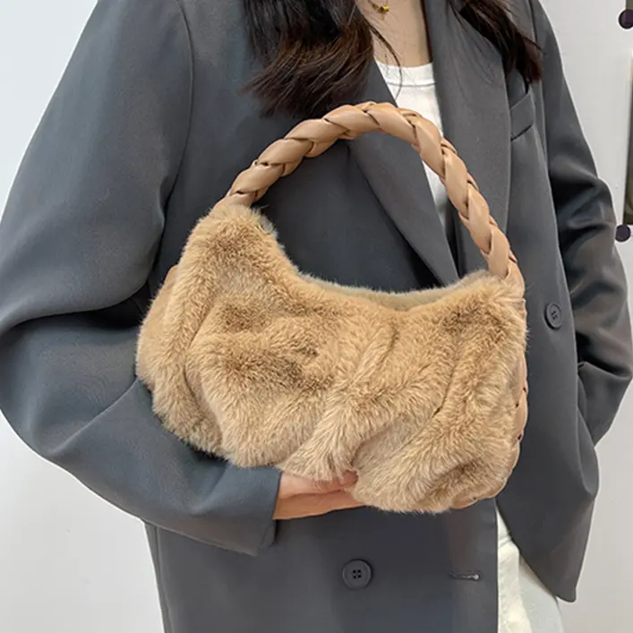 Winter Plush Women Small Handbag New Woven Handle Top-Handle Bag 2023 Luxury Warm Wrist Bags Ladies Fashion Fluffy Soft Tote Bag