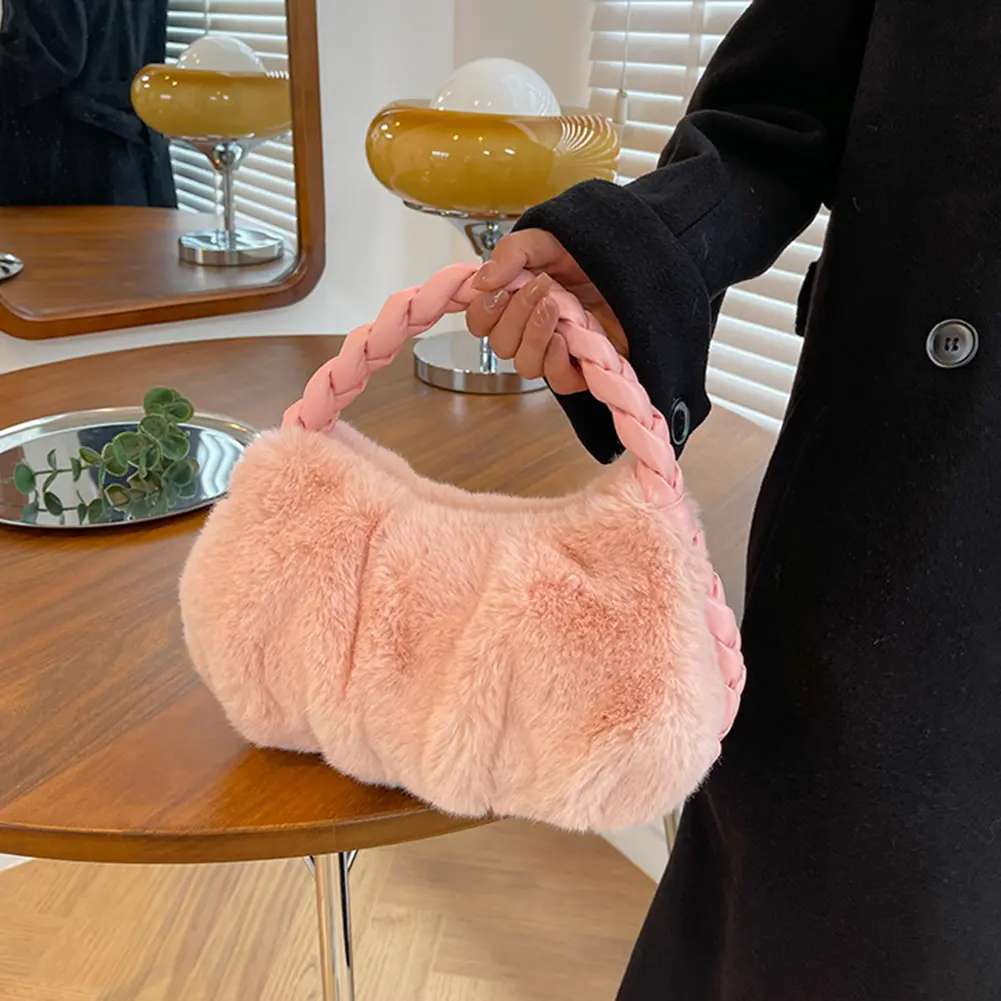 Winter Plush Women Small Handbag New Woven Handle Top-Handle Bag 2023 Luxury Warm Wrist Bags Ladies Fashion Fluffy Soft Tote Bag