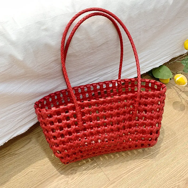 Hollow Out Beach Tote Handbag Weave Mesh Shoulder Bags Solid Color Underarm Pouch Chic Basket Bag Large Capacity Top-Handle Bags
