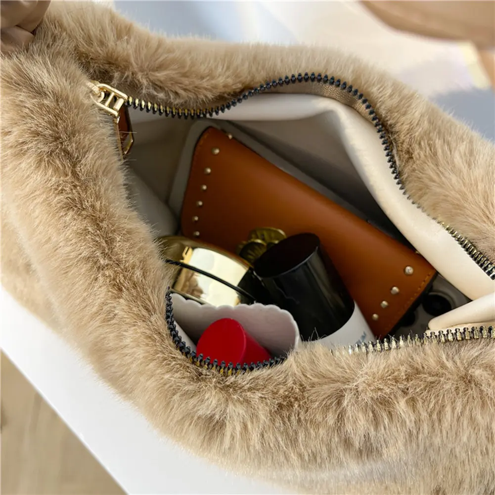 Winter Plush Women Small Handbag New Woven Handle Top-Handle Bag 2023 Luxury Warm Wrist Bags Ladies Fashion Fluffy Soft Tote Bag