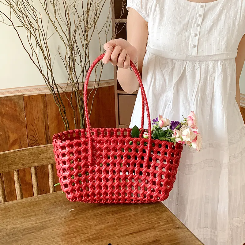 Hollow Out Beach Tote Handbag Weave Mesh Shoulder Bags Solid Color Underarm Pouch Chic Basket Bag Large Capacity Top-Handle Bags