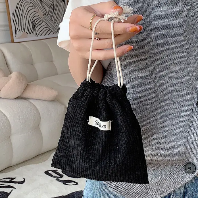 Fashion Drawstring Cosmetic Lipstick Bag Winter Christmas Gift Package Mini Bag 2023 New Corduroy Casual Solid Small Storage Bag