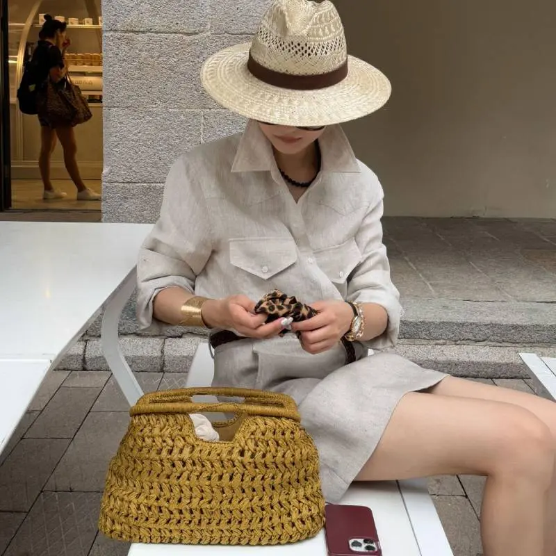 Beach Woven Handbag Straw Shell Clutch Purse Seaside Rattan Evening Bags Summer Weaving Clip Bag Women Elegant Top-Handle Bags