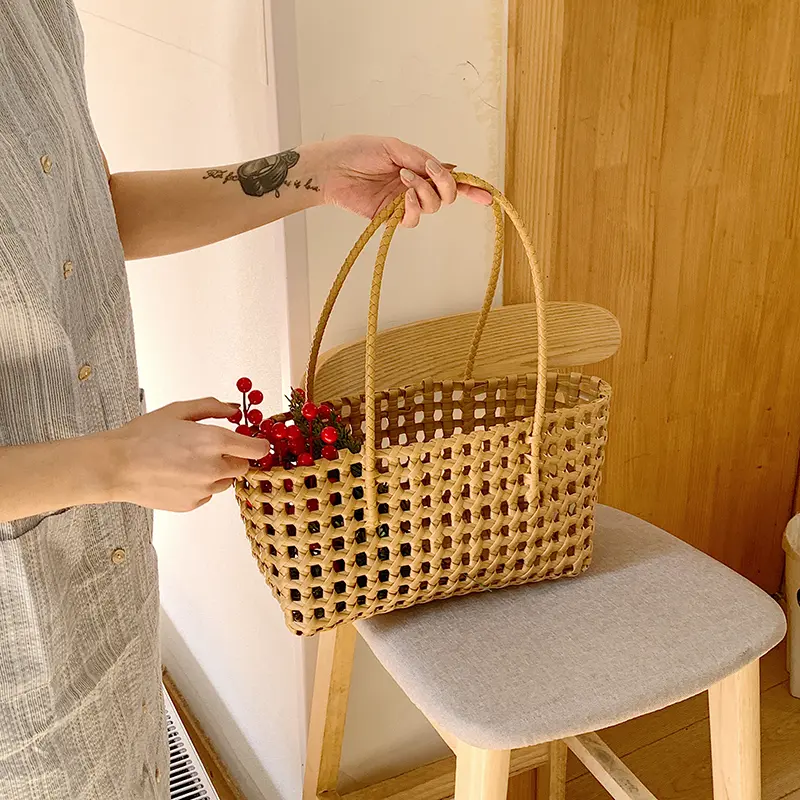 Hollow Out Beach Tote Handbag Weave Mesh Shoulder Bags Solid Color Underarm Pouch Chic Basket Bag Large Capacity Top-Handle Bags