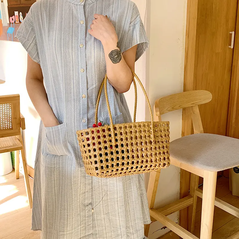 Hollow Out Beach Tote Handbag Weave Mesh Shoulder Bags Solid Color Underarm Pouch Chic Basket Bag Large Capacity Top-Handle Bags
