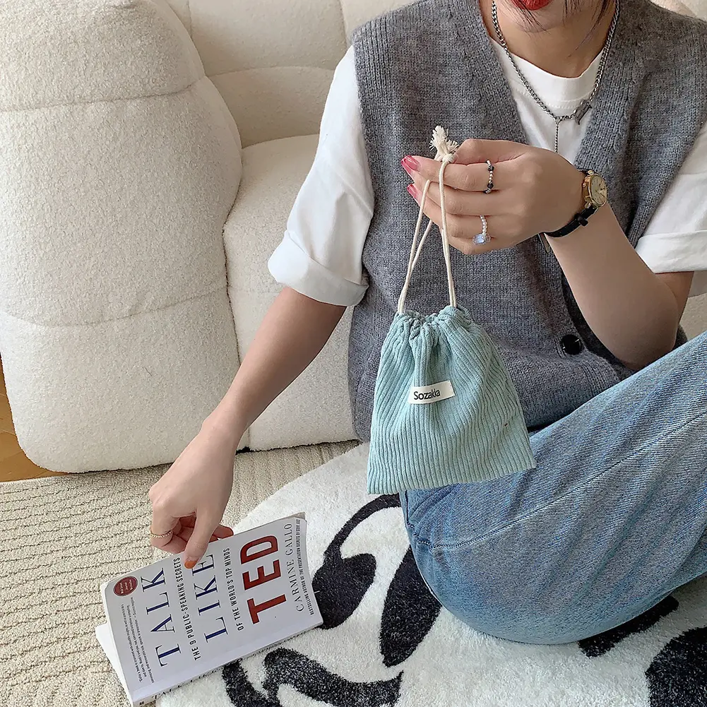 Fashion Drawstring Cosmetic Lipstick Bag Winter Christmas Gift Package Mini Bag 2023 New Corduroy Casual Solid Small Storage Bag