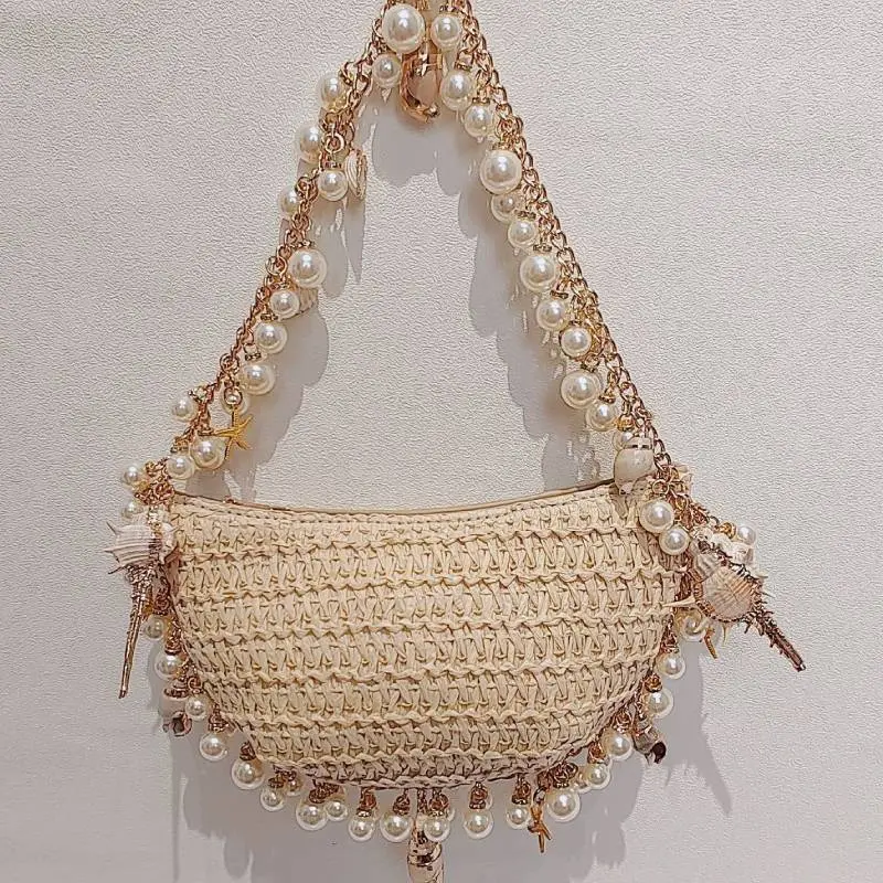 Beach Bohemian Straw Bag Women Pearls Shell Rattan Shoulder Bag Handwoven Conch Starfish Handbag Half Moon Boho Underarm Pouch