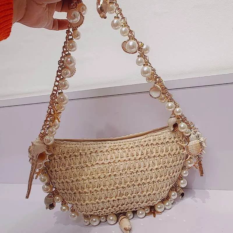 Beach Bohemian Straw Bag Women Pearls Shell Rattan Shoulder Bag Handwoven Conch Starfish Handbag Half Moon Boho Underarm Pouch