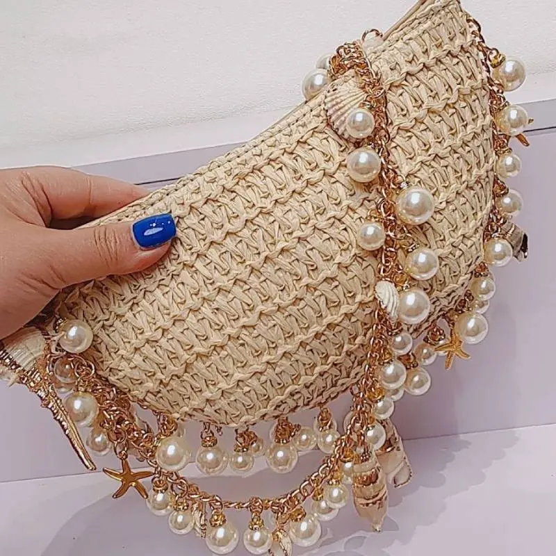 Beach Bohemian Straw Bag Women Pearls Shell Rattan Shoulder Bag Handwoven Conch Starfish Handbag Half Moon Boho Underarm Pouch