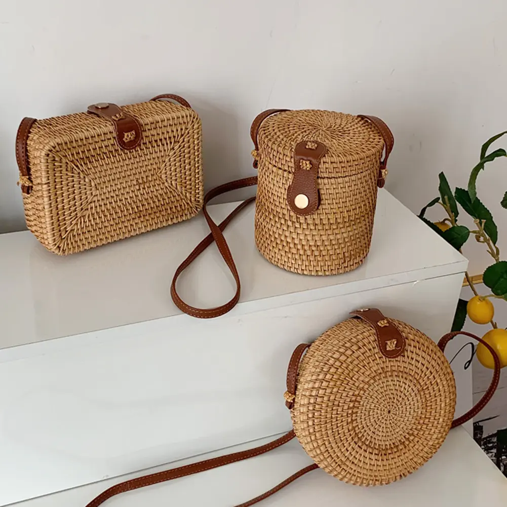 Handwoven Female Shoulder Bag Adjustable Strap Rattan Composite Shoulder Bag Large-capacity Durable Storage Ladies Shopping Trip