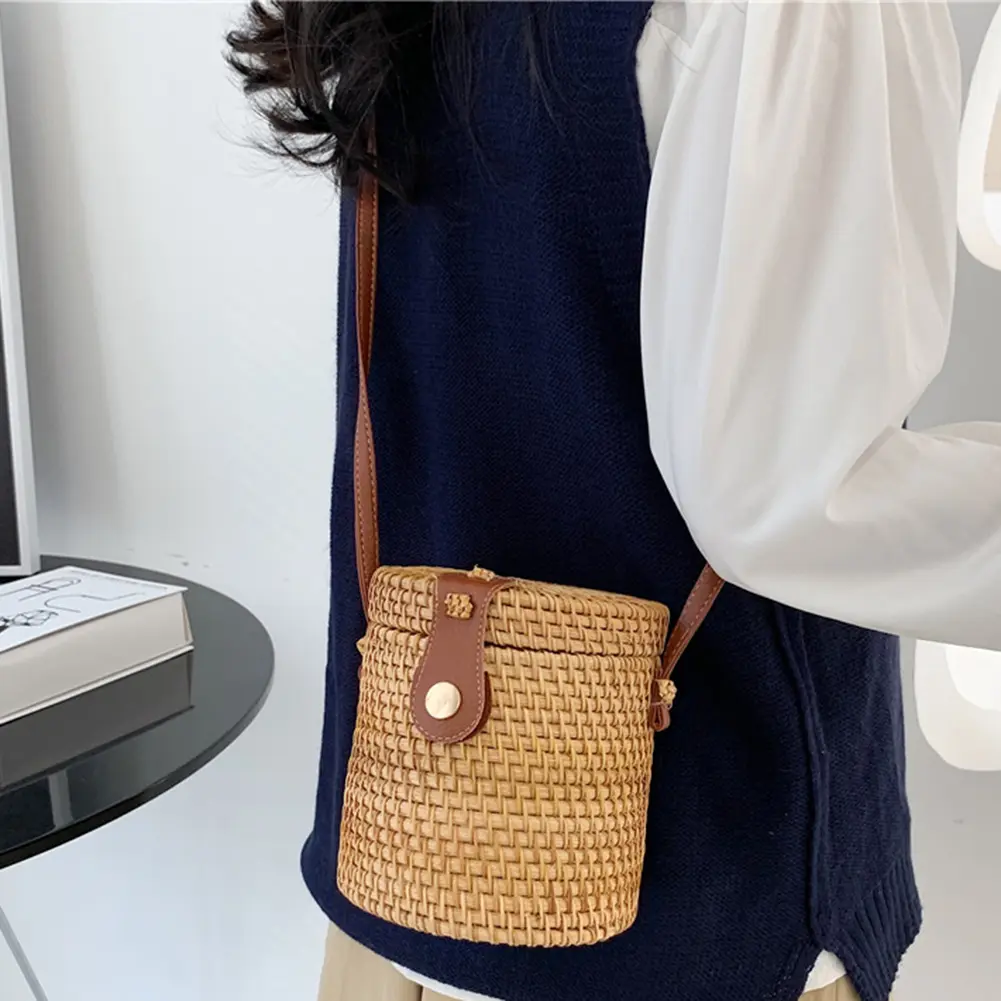 Handwoven Female Shoulder Bag Adjustable Strap Rattan Composite Shoulder Bag Large-capacity Durable Storage Ladies Shopping Trip