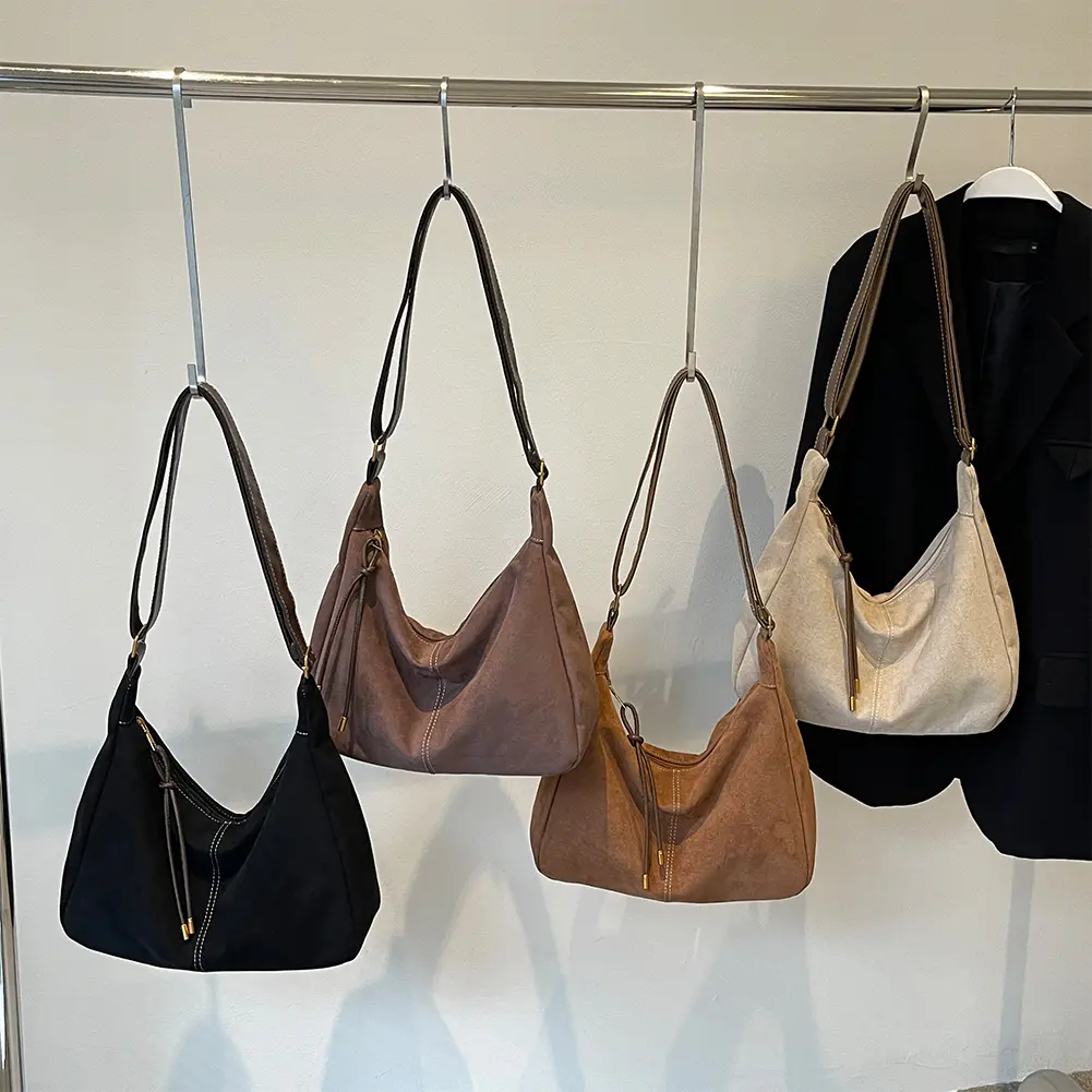 Women Suede Shoulder Bag Adjustable Strap Crossbody Bag with Zipper Hobo Bag Solid for Work Travel