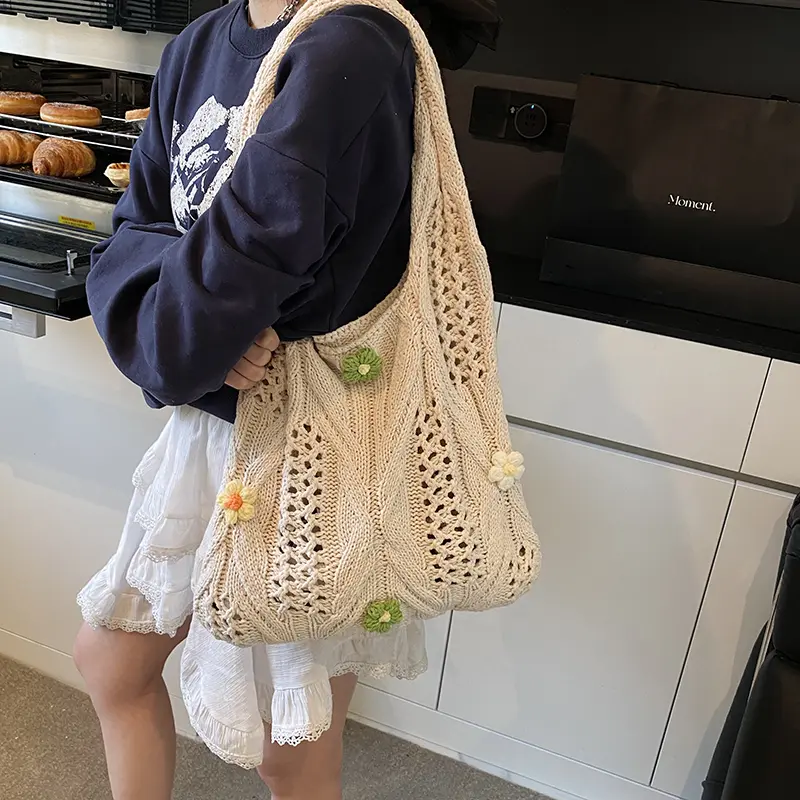 Women Wool Crochet Shoulder Bag Flower Knitting Aesthetic Causal Tote Handbag Ladies Underarm Pouch for Beach Summer Vacation