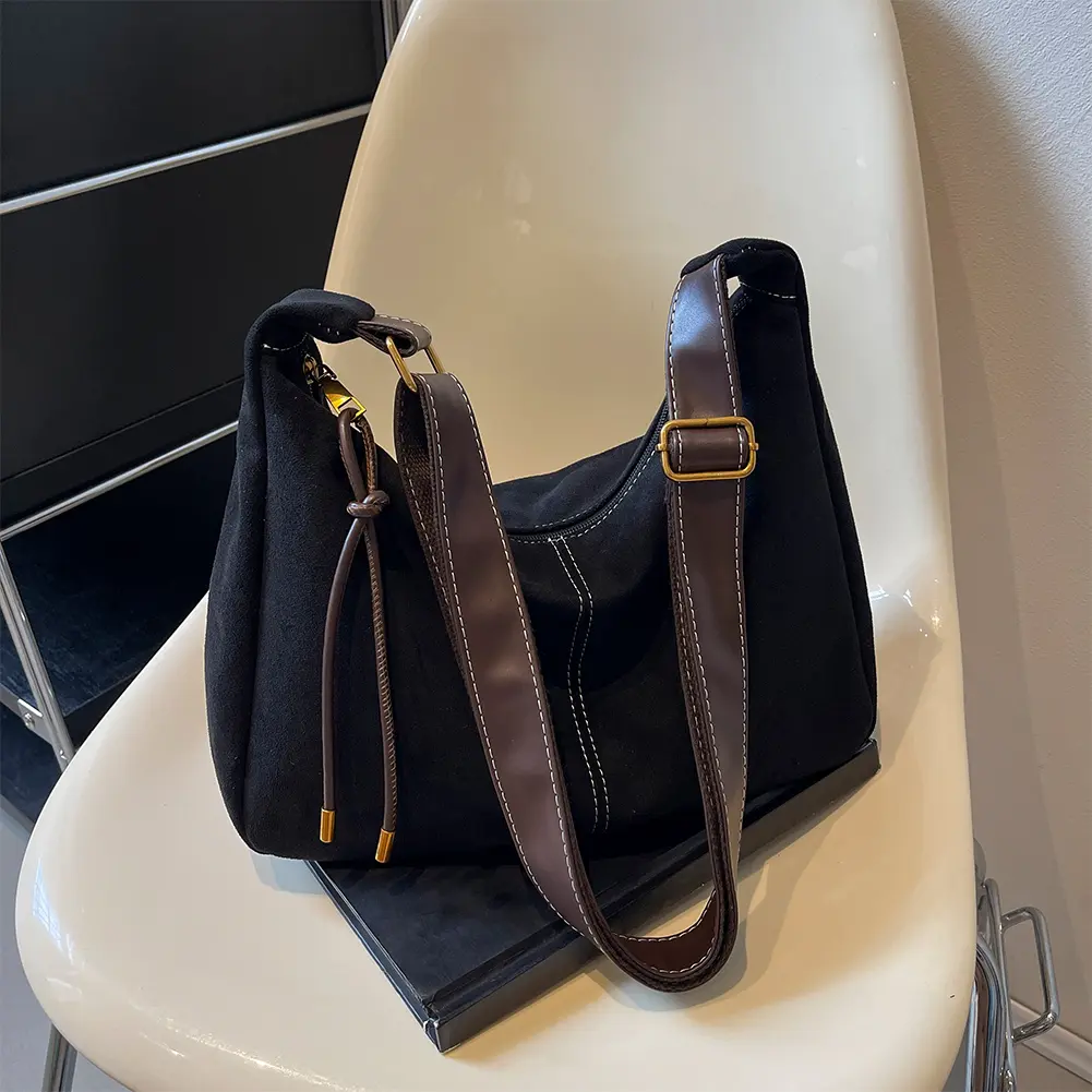 Women Suede Shoulder Bag Adjustable Strap Crossbody Bag with Zipper Hobo Bag Solid for Work Travel