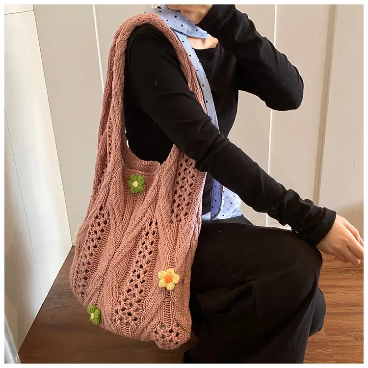 Women Wool Crochet Shoulder Bag Flower Knitting Aesthetic Causal Tote Handbag Ladies Underarm Pouch for Beach Summer Vacation