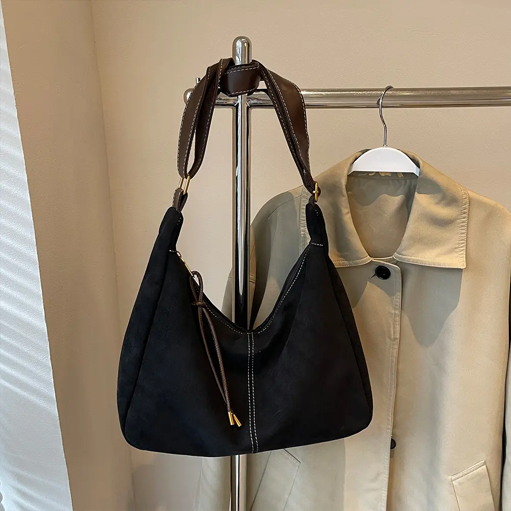 Women Suede Shoulder Bag Adjustable Strap Crossbody Bag with Zipper Hobo Bag Solid for Work Travel
