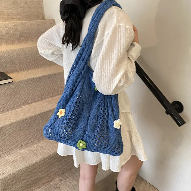 Women Wool Crochet Shoulder Bag Flower Knitting Aesthetic Causal Tote Handbag Ladies Underarm Pouch for Beach Summer Vacation