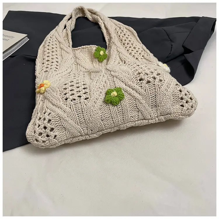 Women Wool Crochet Shoulder Bag Flower Knitting Aesthetic Causal Tote Handbag Ladies Underarm Pouch for Beach Summer Vacation