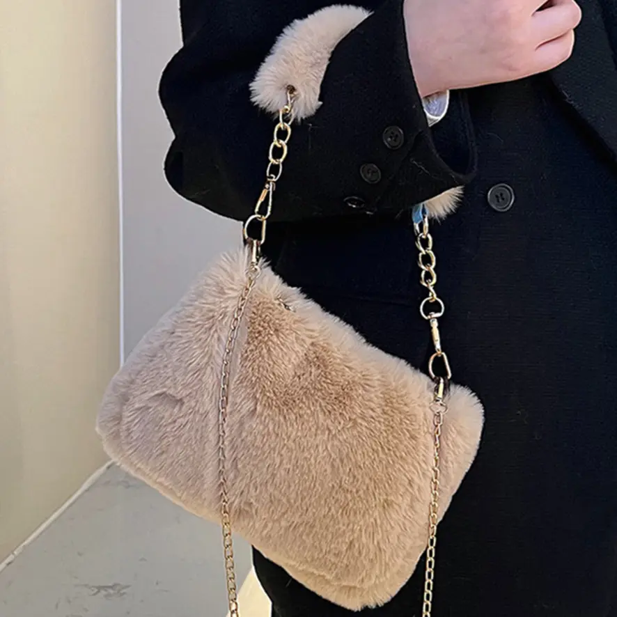 Winter Fashion Furry Plush Handbag Luxury Brand Fluffy Shoulder Bag Versatile Faux Fur Women's Chain Crossbody Bag Warm Tote Bag