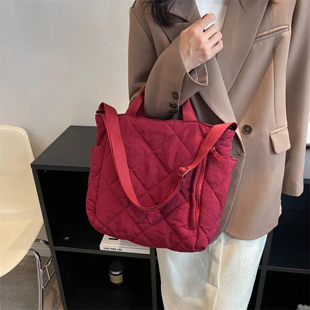 Cotton-padded Women's Shoulder Bas Autumn Winter Rhombic Lattice Quilted Handbags Large Capacity Solid Casual Soft Crossbody Bag
