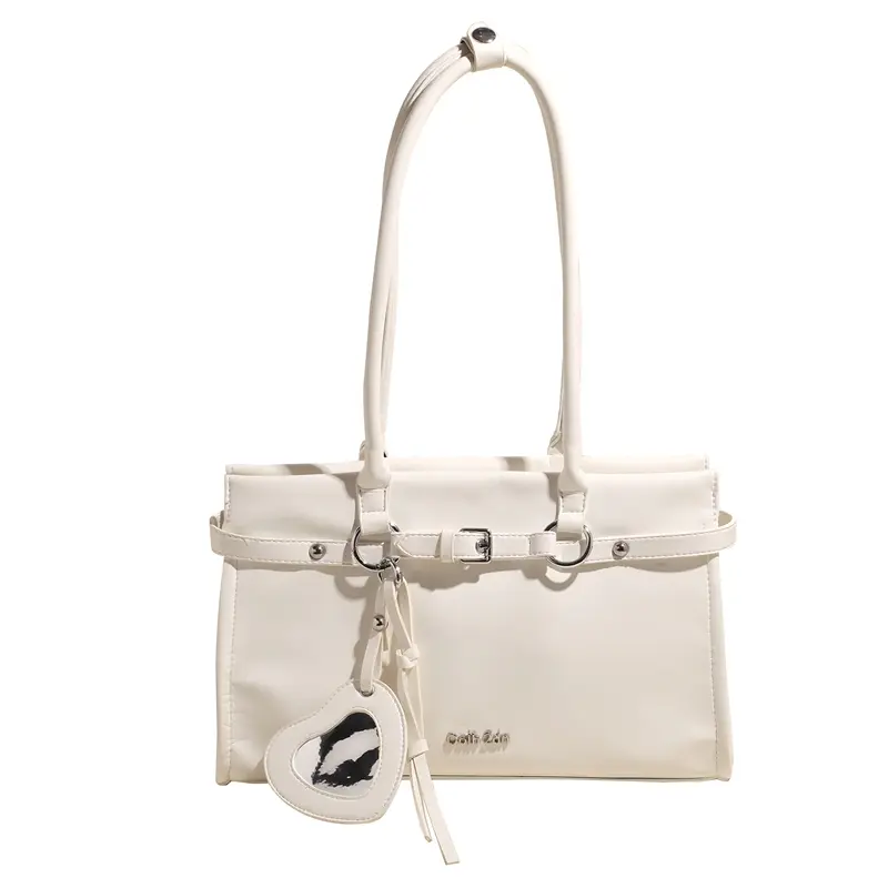 Designer Brand PU Women's Shoulder Bags Large Capacity Ladies Tote Handbags with Love Pendants Belt Buckle Design Chic Hobo Bags