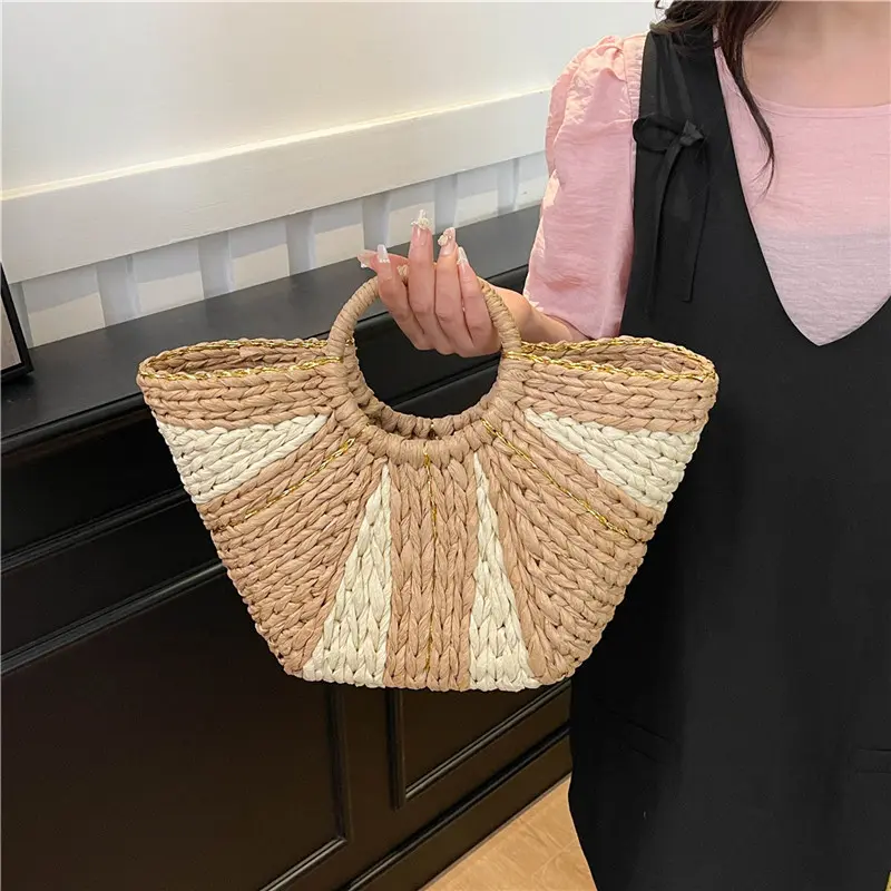 Straw Handbags Handwoven Beach Top-Handle Bags Hollow Out Stripe Tote Hand Bags Large Capacity Half-Moon Bag for Vacation Travel